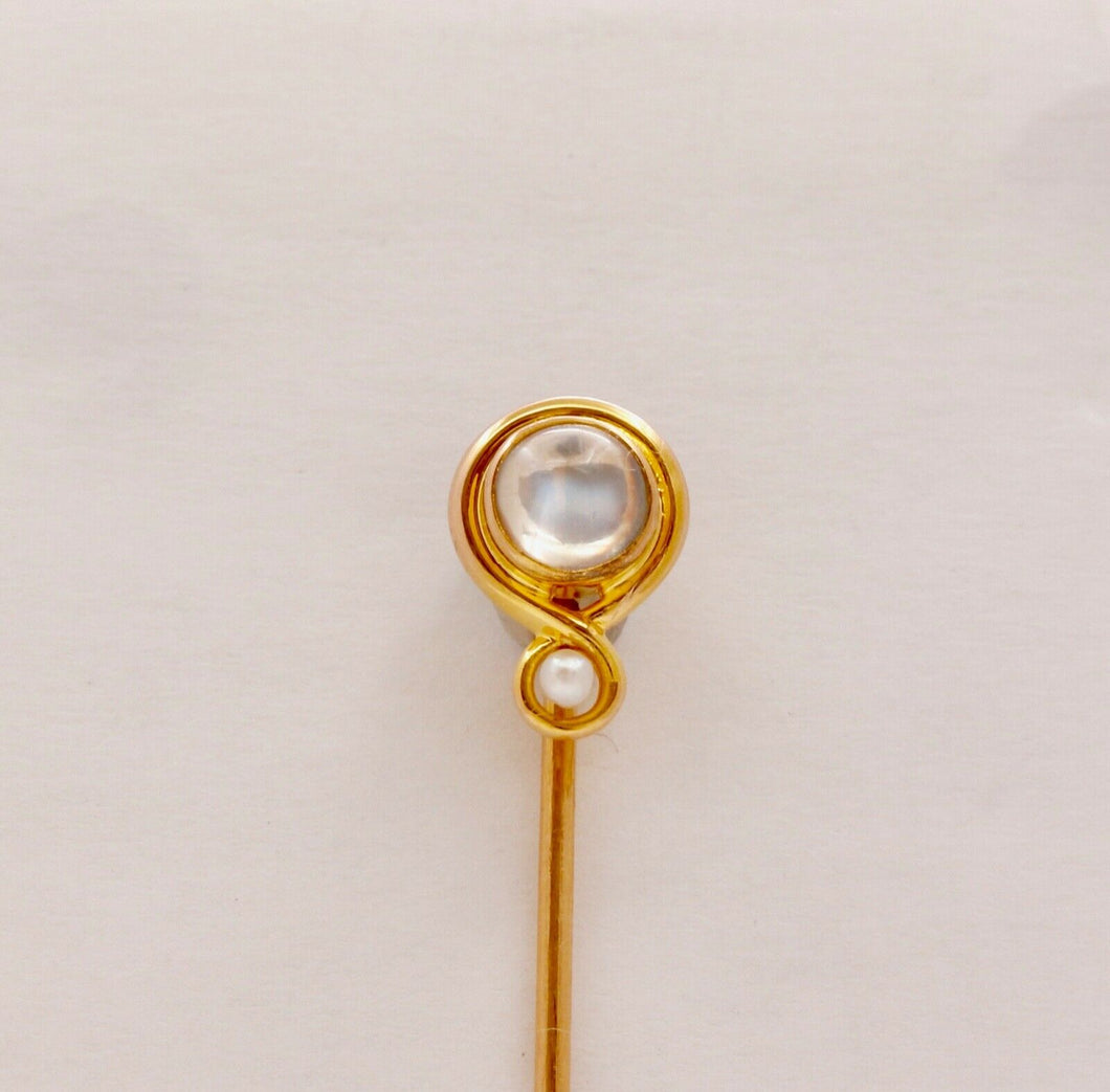 Art Nouveau Moonstone Seed Pearl 14K Yellow Gold Stick Pin