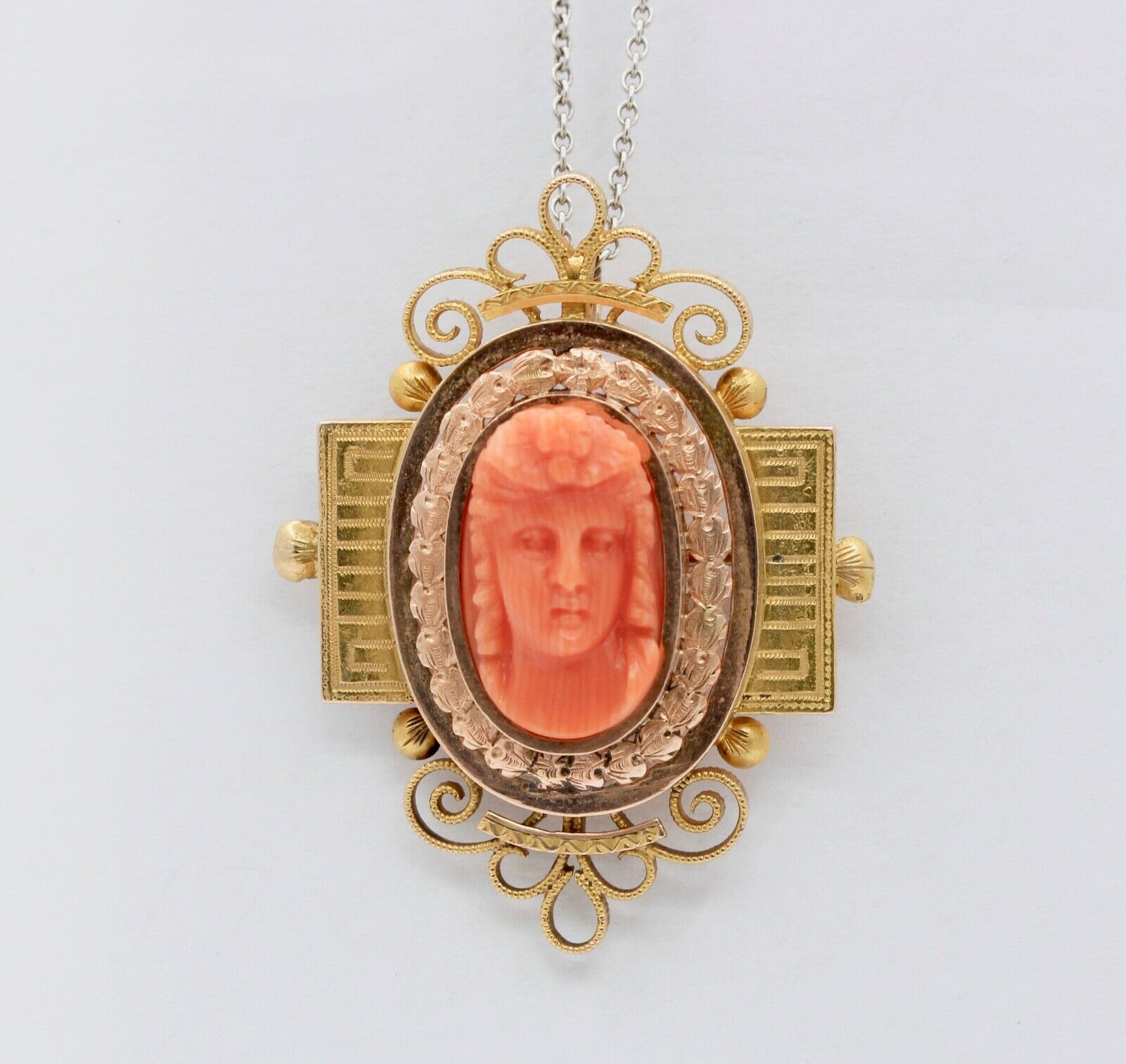Extraordinary Victorian 14K Rose and Yellow Gold Carved Coral Pendant Brooch