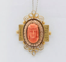 Load image into Gallery viewer, Extraordinary Victorian 14K Rose and Yellow Gold Carved Coral Pendant Brooch
