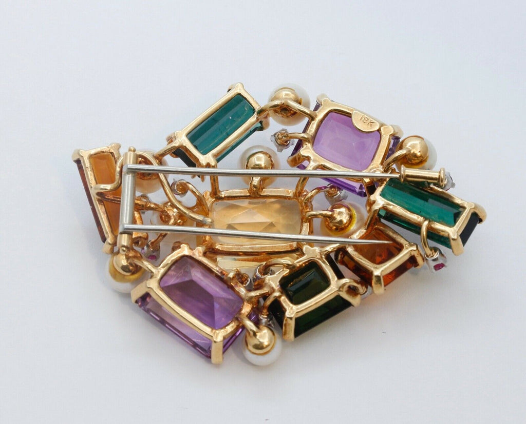 Luxurious Vintage Multi Stone 18K Yellow Gold Pendant Brooch Pin