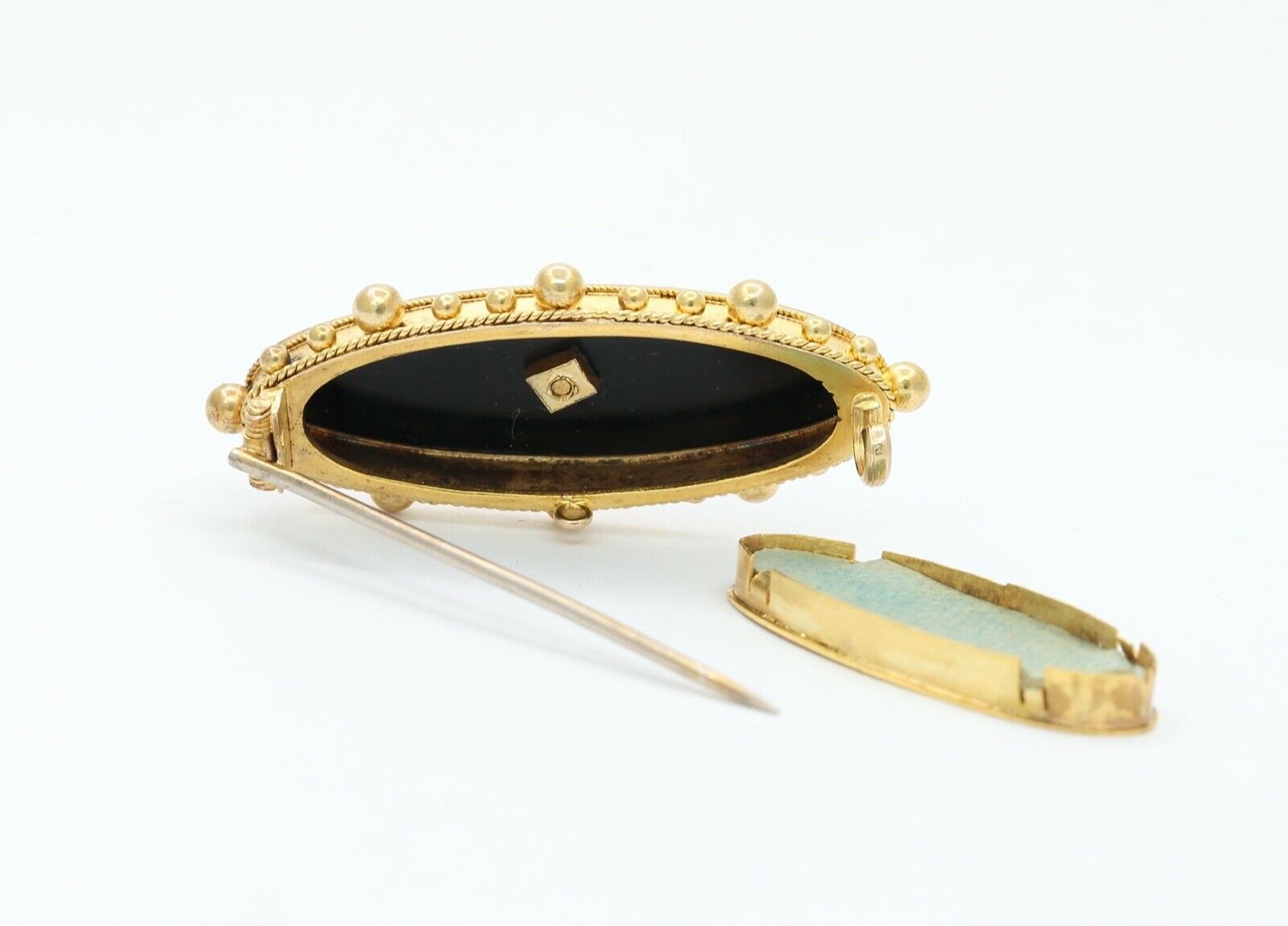 Victorian 15K Yellow Gold Black Onyx Seed Pearls Memorial Brooch
