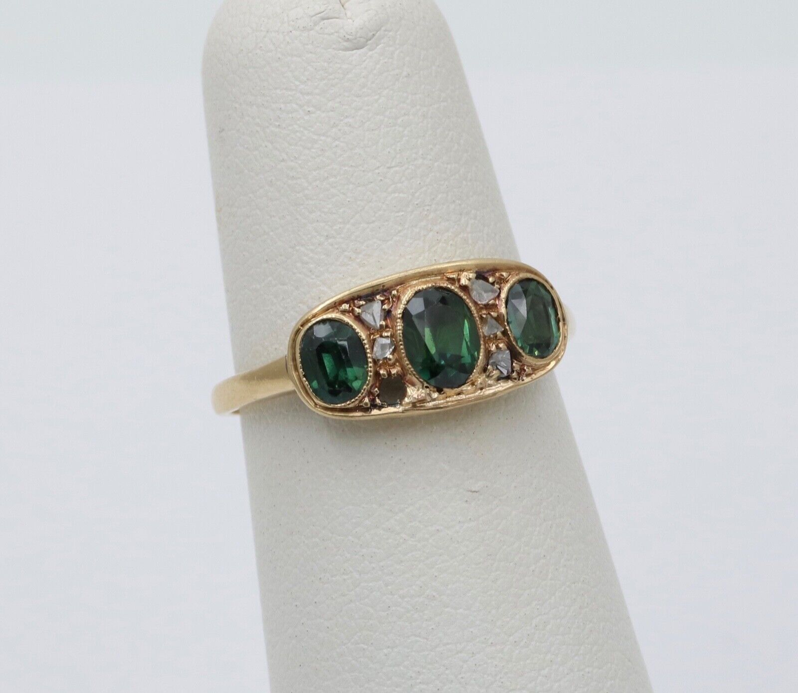 Antique Edwardian 18K Gold Three Green Tourmaline Diamond Ring, Ring Band.