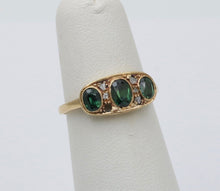 Load image into Gallery viewer, Antique Edwardian 18K Gold Three Green Tourmaline Diamond Ring, Ring Band.
