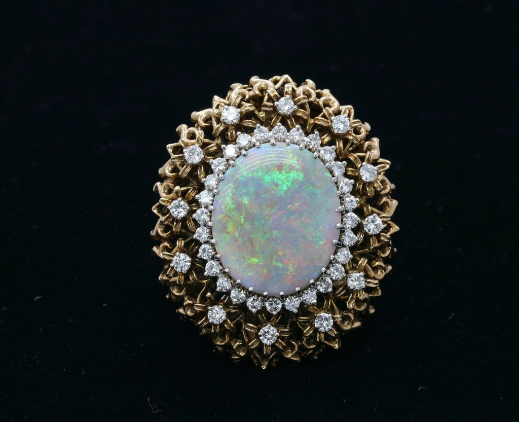 Large Vintage Ladies Opal Diamonds 14K Yellow Gold Statement Ring