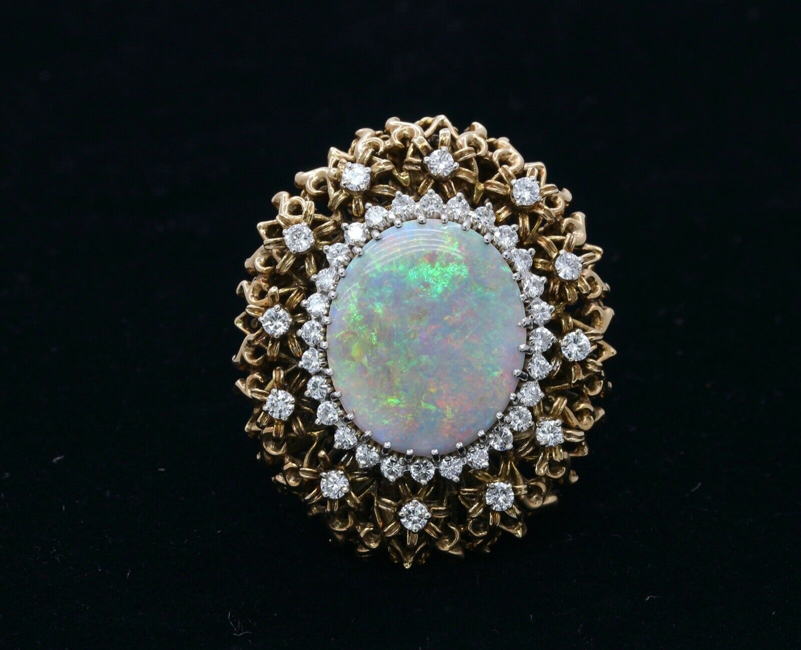 Large Vintage Ladies Opal Diamonds 14K Yellow Gold Statement Ring
