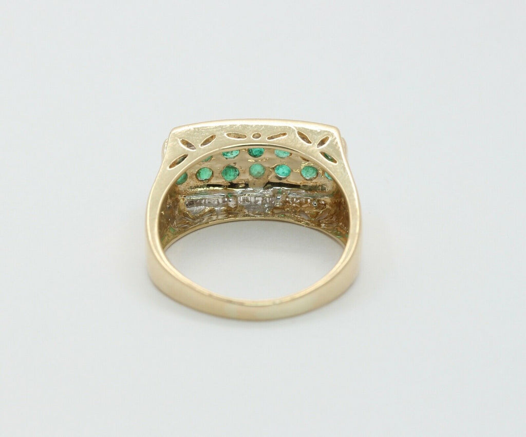 Vintage 14K Yellow Gold Emeralds Diamonds Unisex Ring
