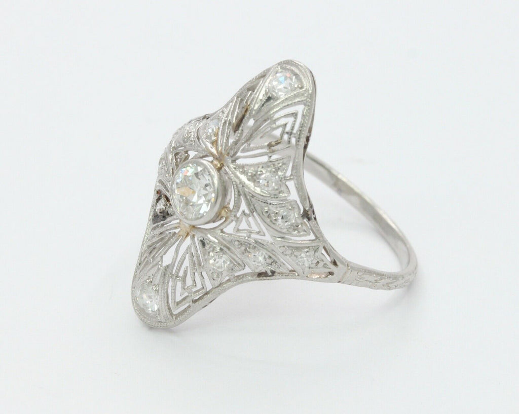 Art Deco 18K White Gold Diamonds Filagree Ring