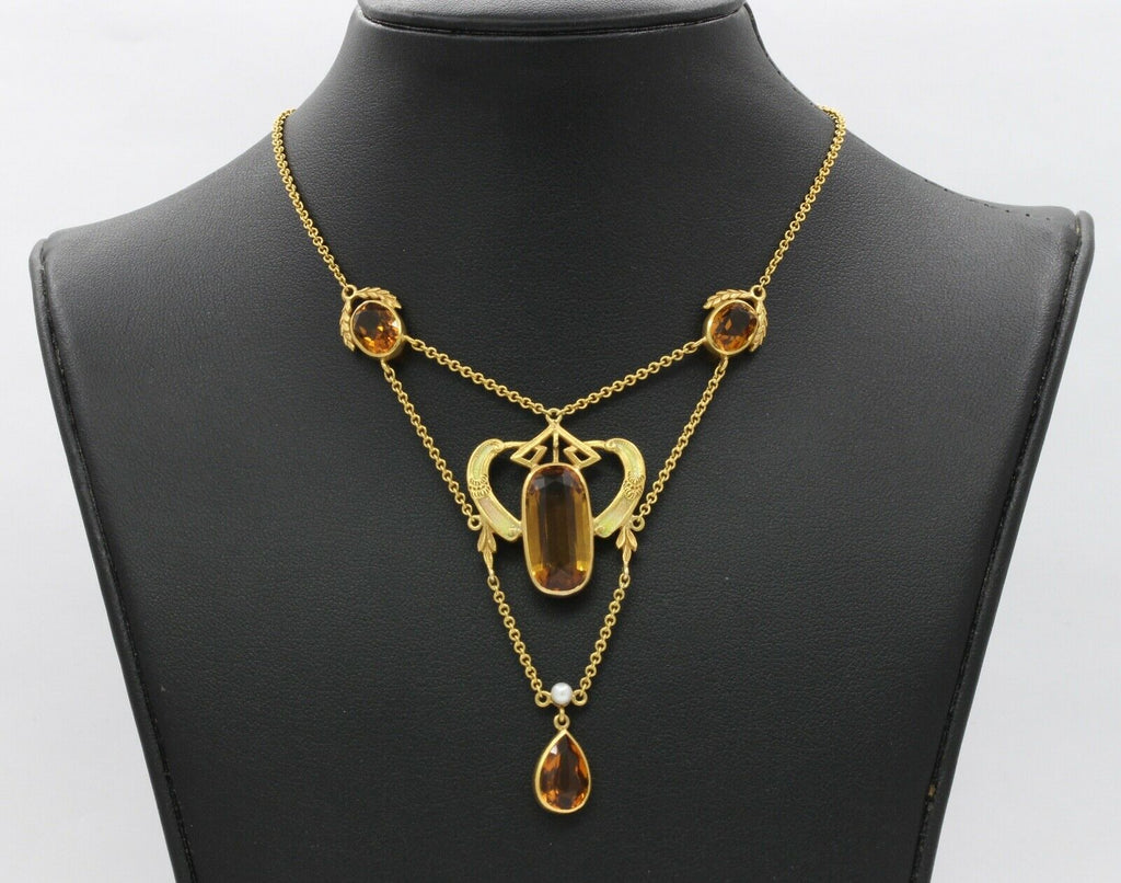 Art Nouveau 14K Yellow Gold Citrine Pearl Enamel Pendant Necklace