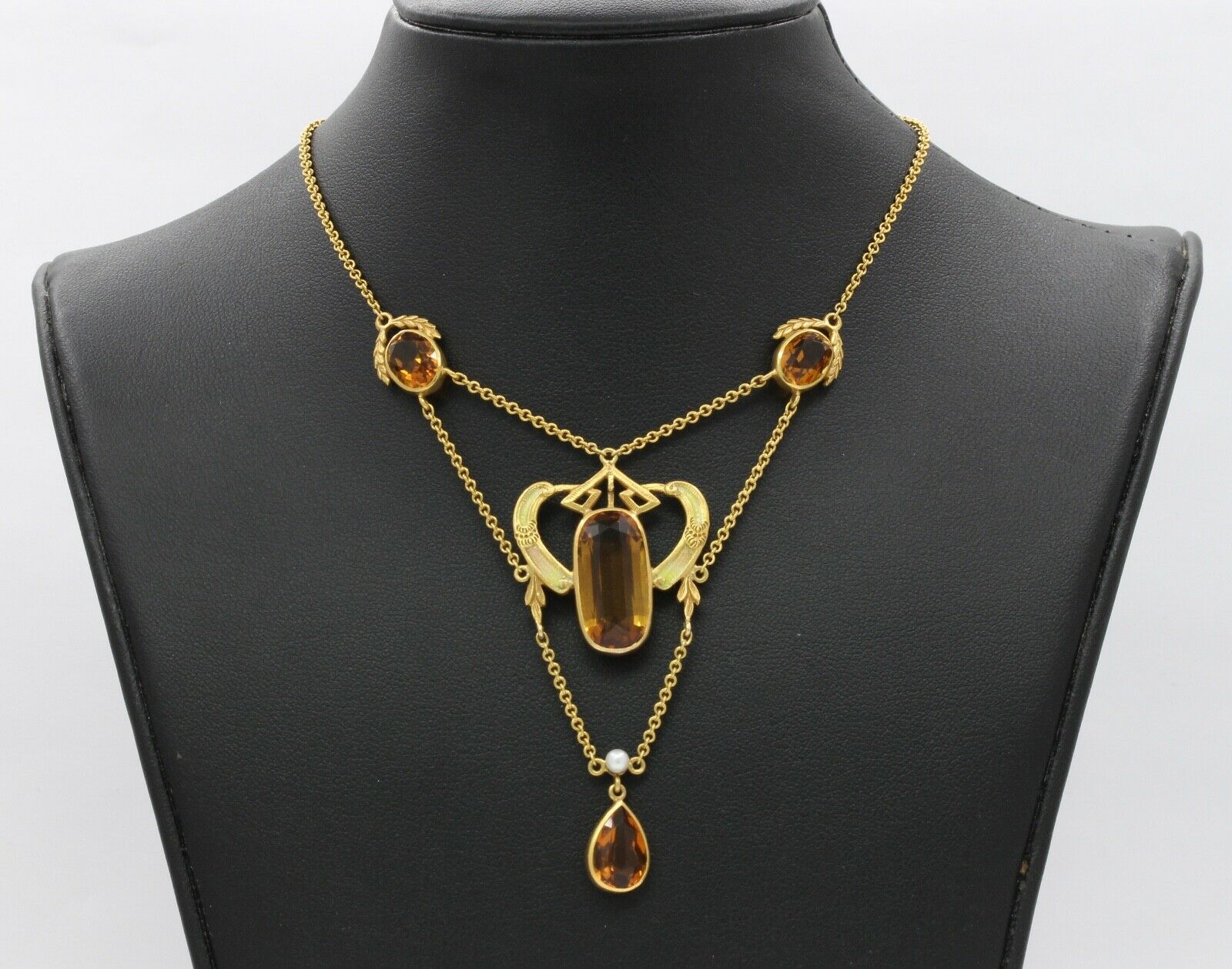 Art Nouveau 14K Yellow Gold Citrine Pearl Enamel Pendant Necklace