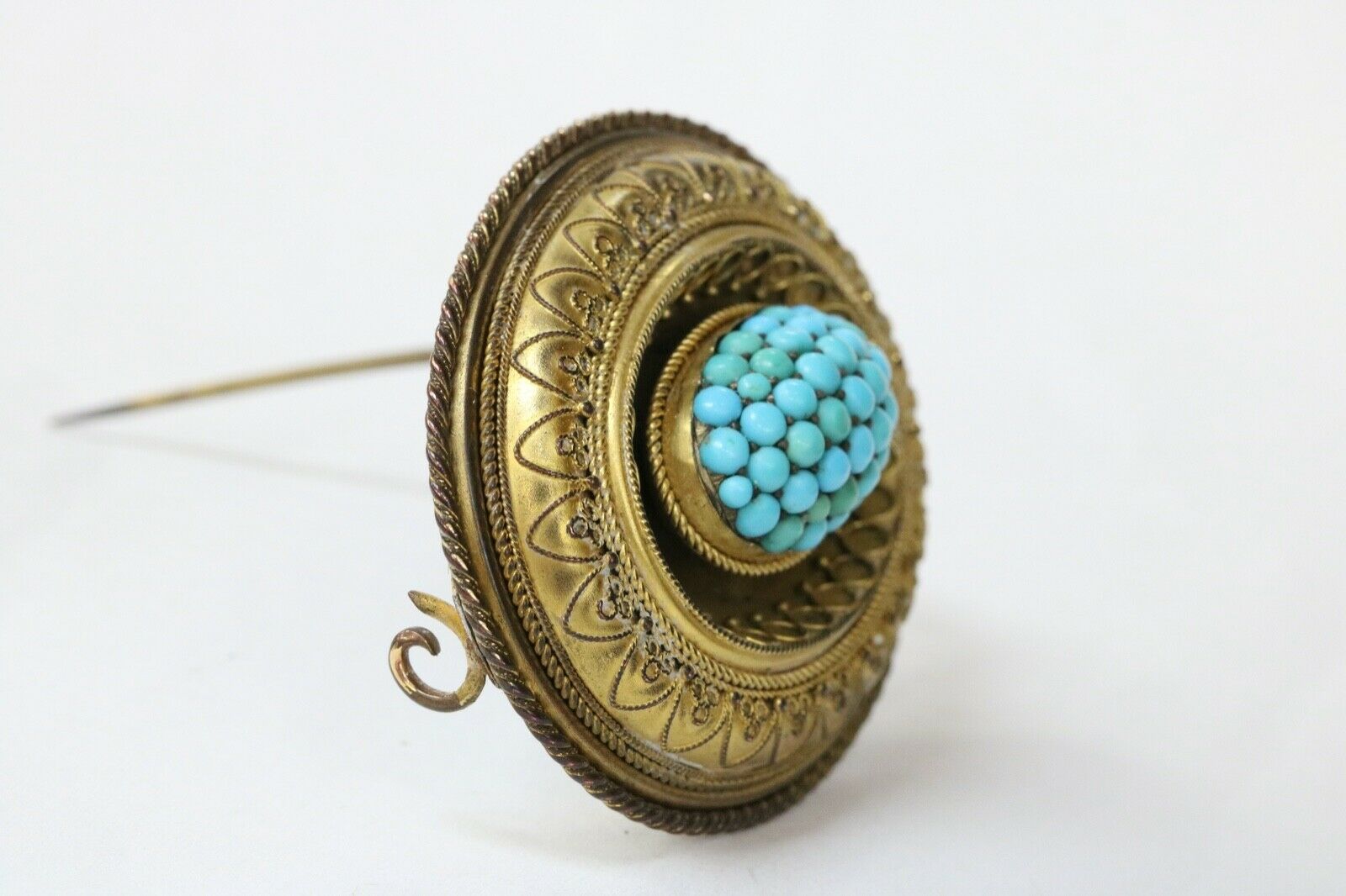 Victorian Etruscan Revival Momento More 9K Yellow Gold Turquoise Brooch Pin
