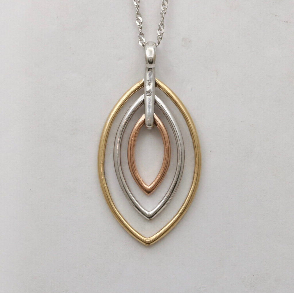 Minimal 14K Tri Color Gold Diamond Leaf Pendant, Charm