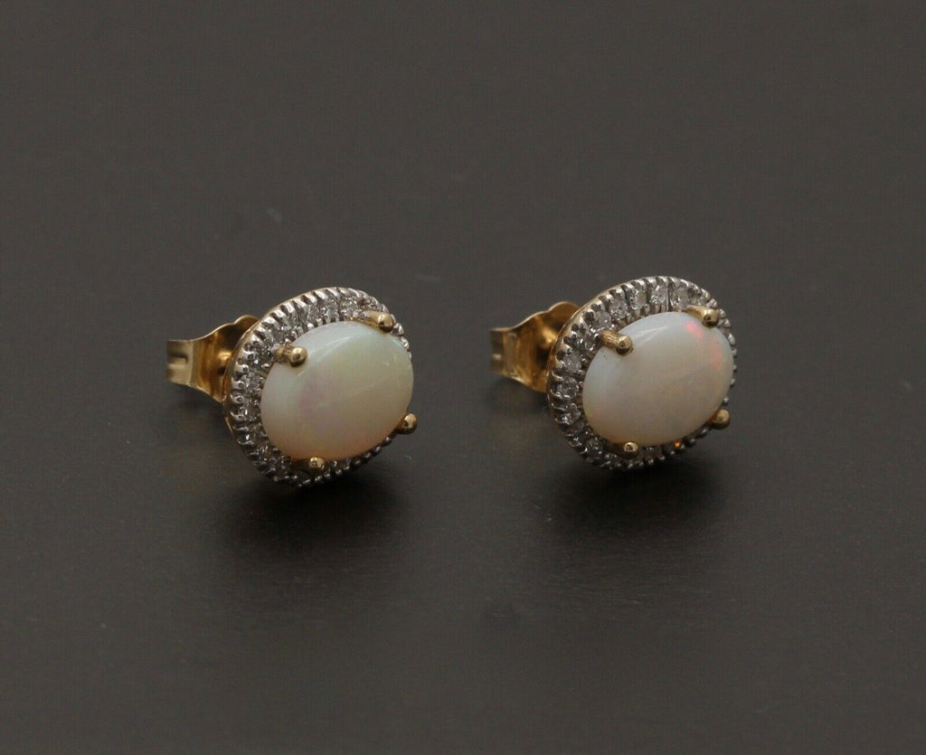 Vintage Estate 14K Yellow Gold Opal With Diamond Halo Stud Earrings.