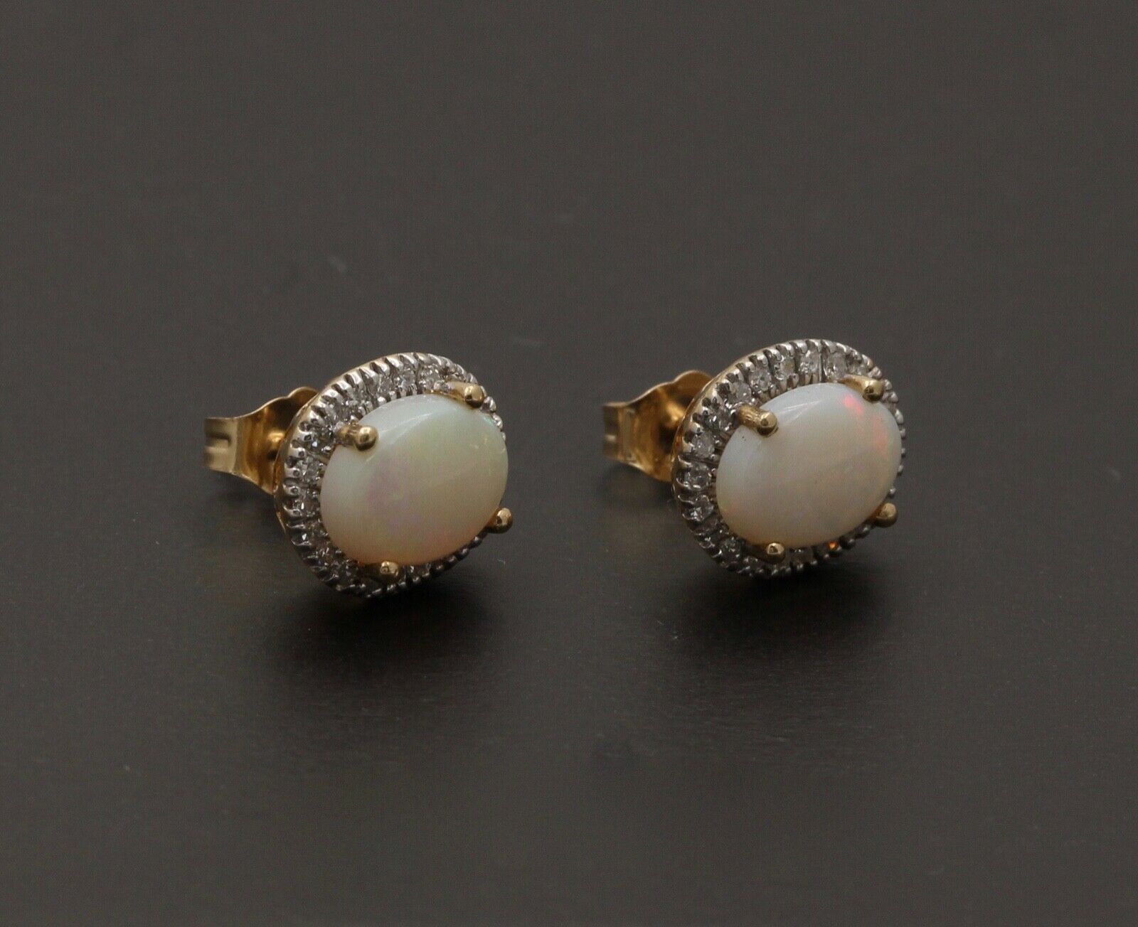 Vintage Estate 14K Yellow Gold Opal With Diamond Halo Stud Earrings.