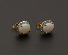 Load image into Gallery viewer, Vintage Estate 14K Yellow Gold Opal With Diamond Halo Stud Earrings.
