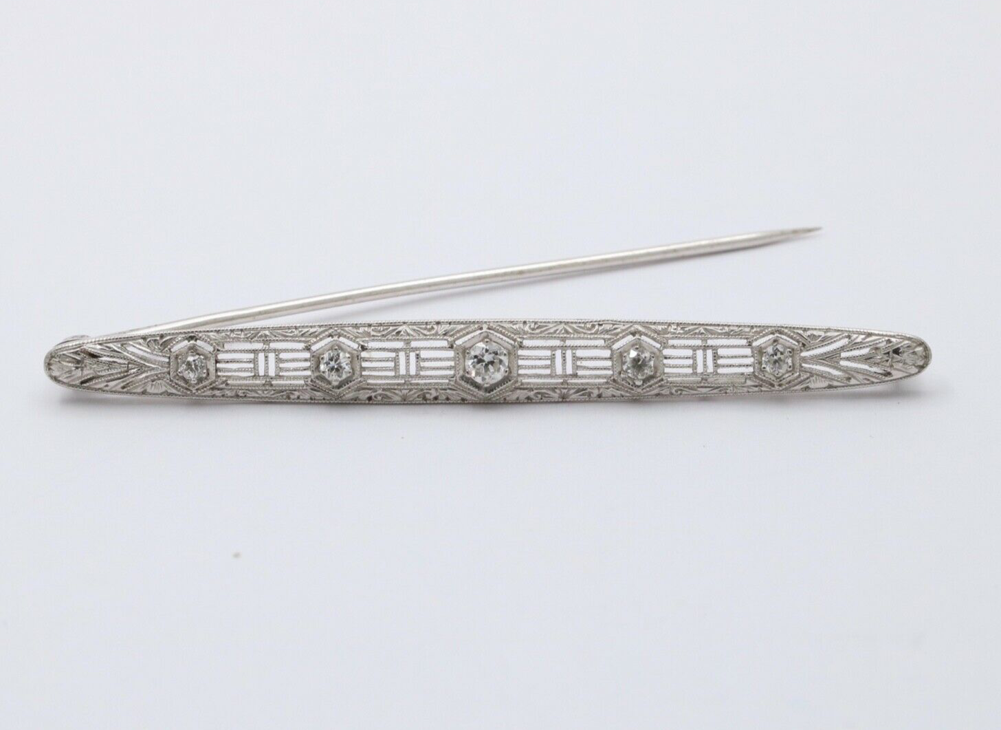 Art Deco 14K White Gold Diamond Filigree Bar Pin, Brooch