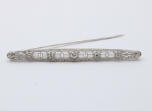 Load image into Gallery viewer, Art Deco 14K White Gold Diamond Filigree Bar Pin, Brooch
