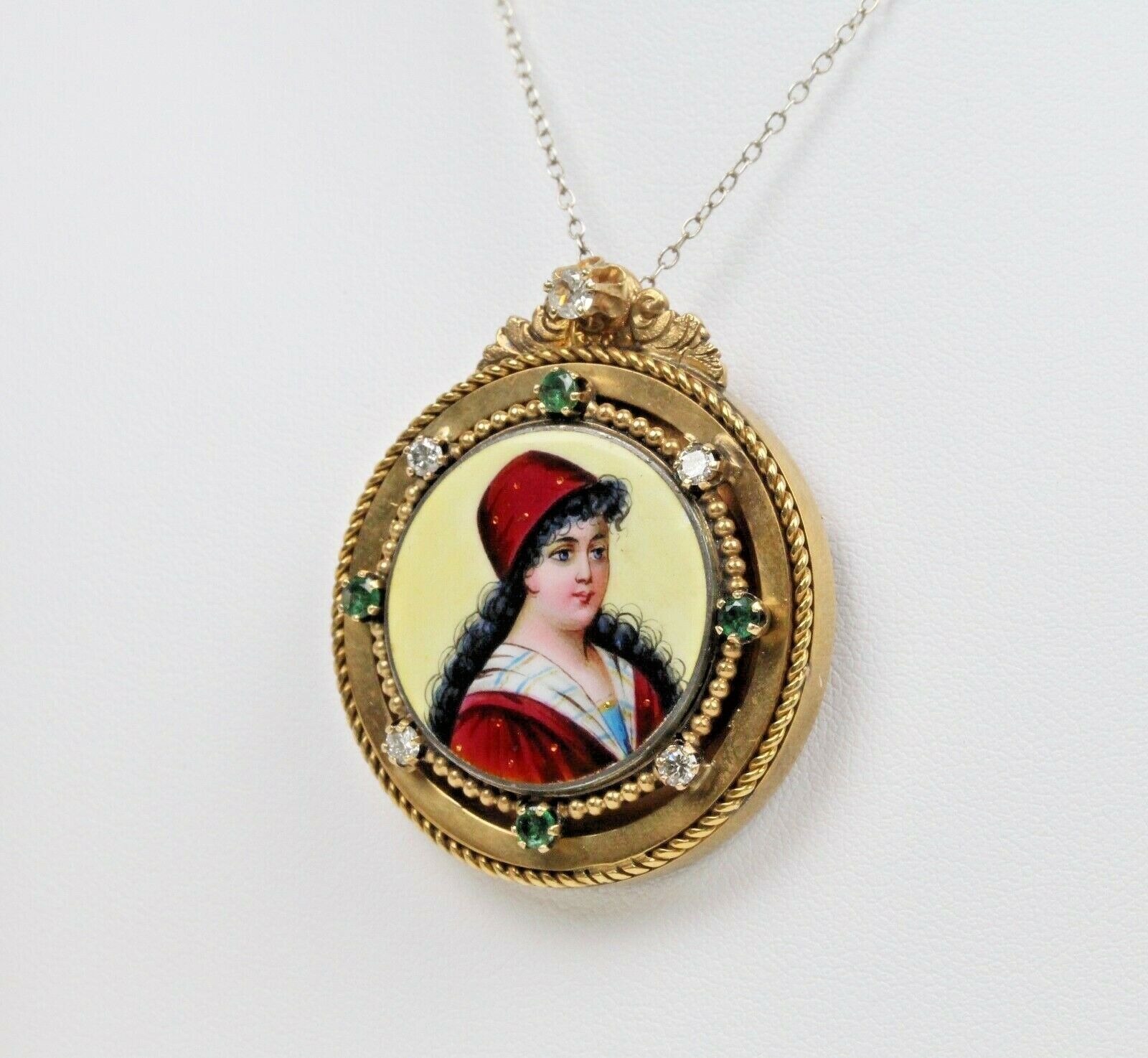 Vintage Victorian Enamel Portrait Pendant Pin Brooch With Diamonds and Emeralds