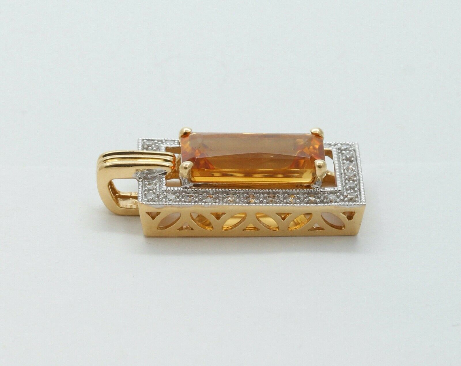Vintage Emerald Cut Citrine Diamonds 14K Yellow Gold Pendant
