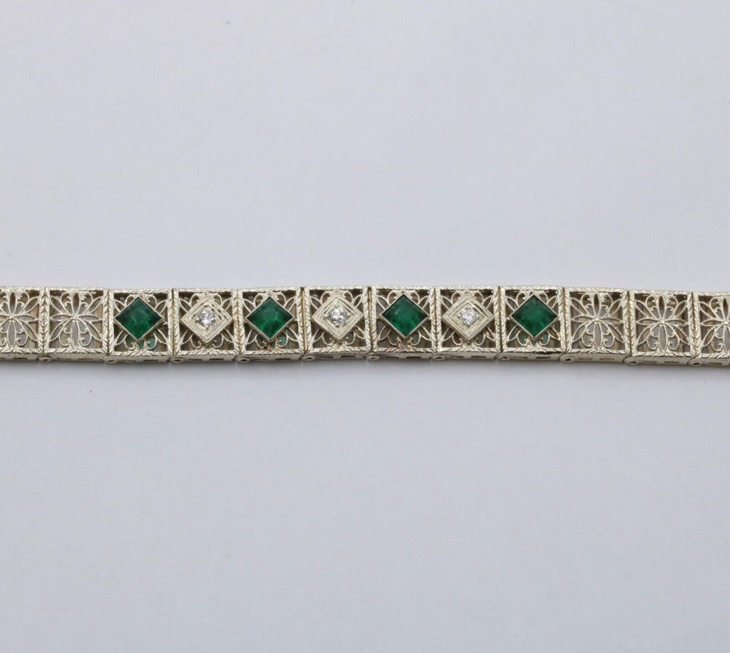 Art Deco Flower Filagree Diamonds Emeralds 14K White Gold Bracelet