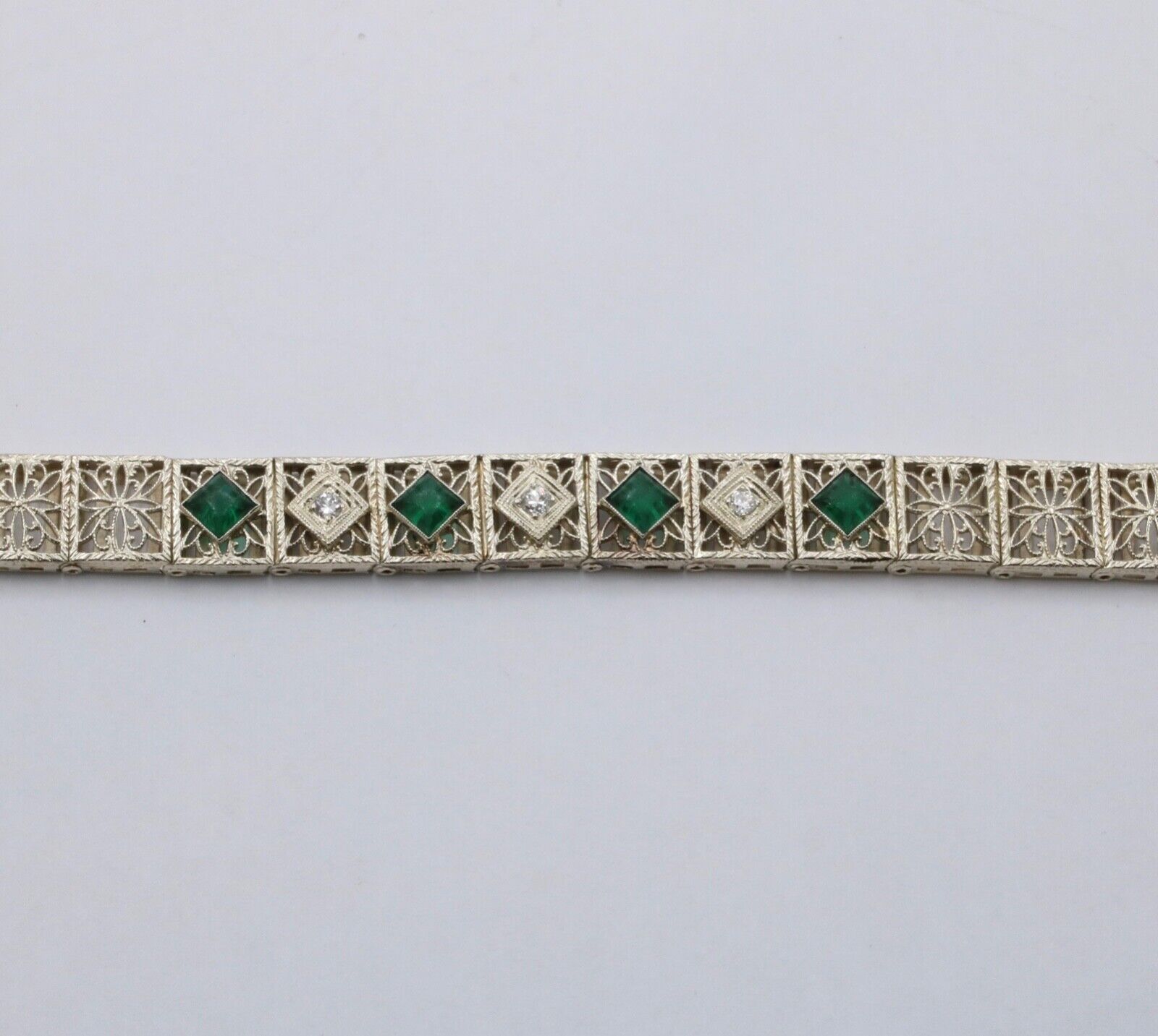 Art Deco Flower Filagree Diamonds Emeralds 14K White Gold Bracelet