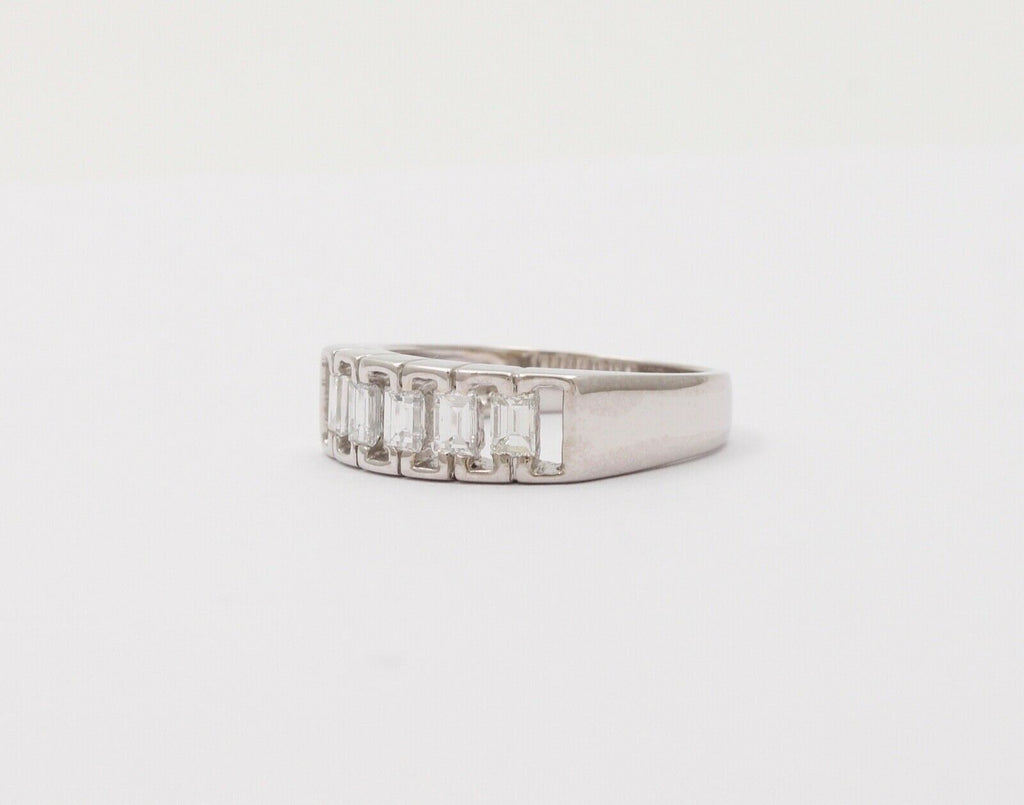 Vintage Emerald Cut Diamond Half Eternity 18K White Gold Ring Band