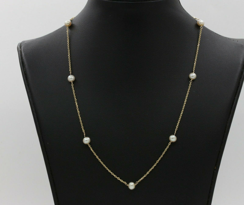 Vintage 14K Yellow Gold Pearl Station Necklace