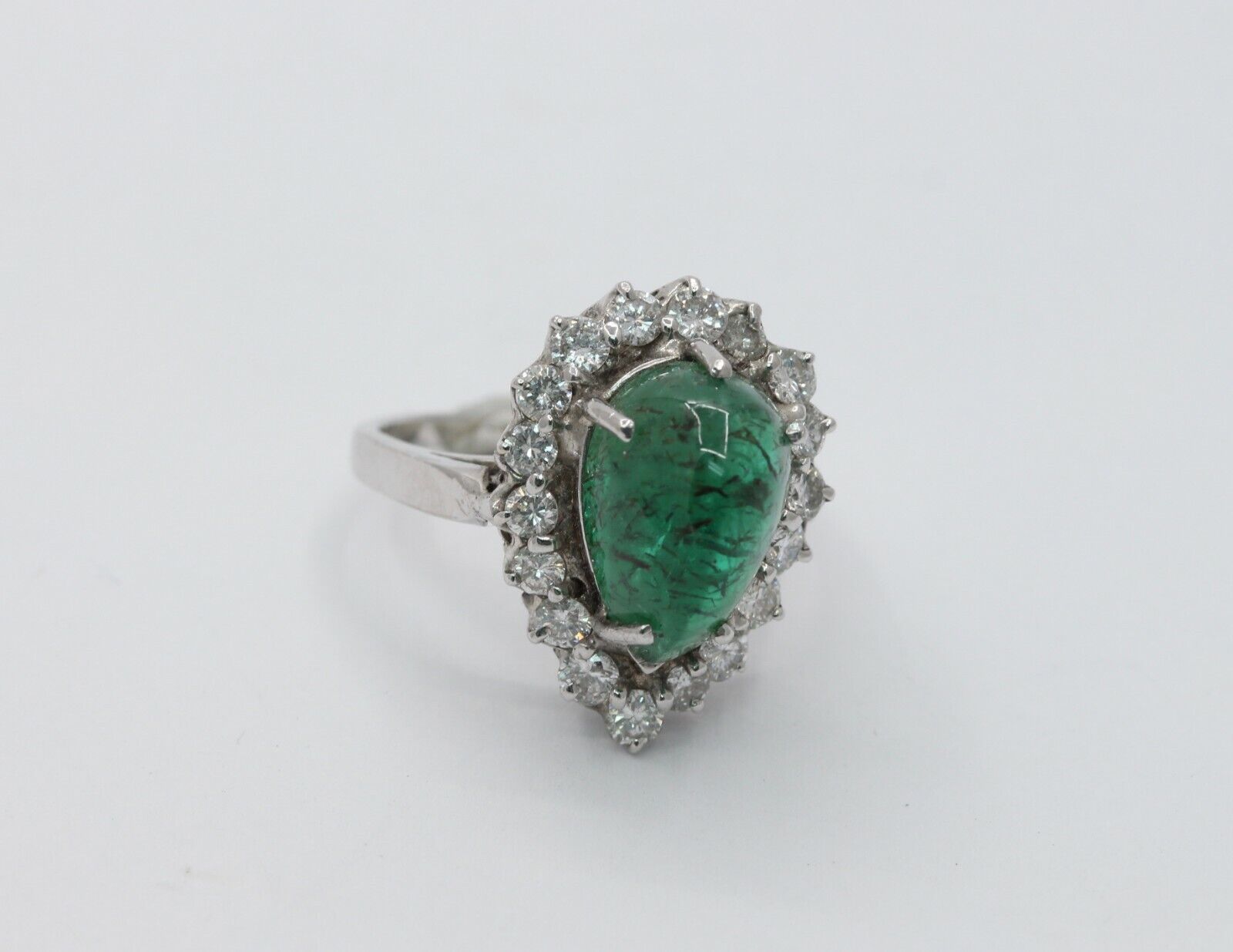 14K White Gold Cabochon Emerald Diamond Engagement Ring Alternative