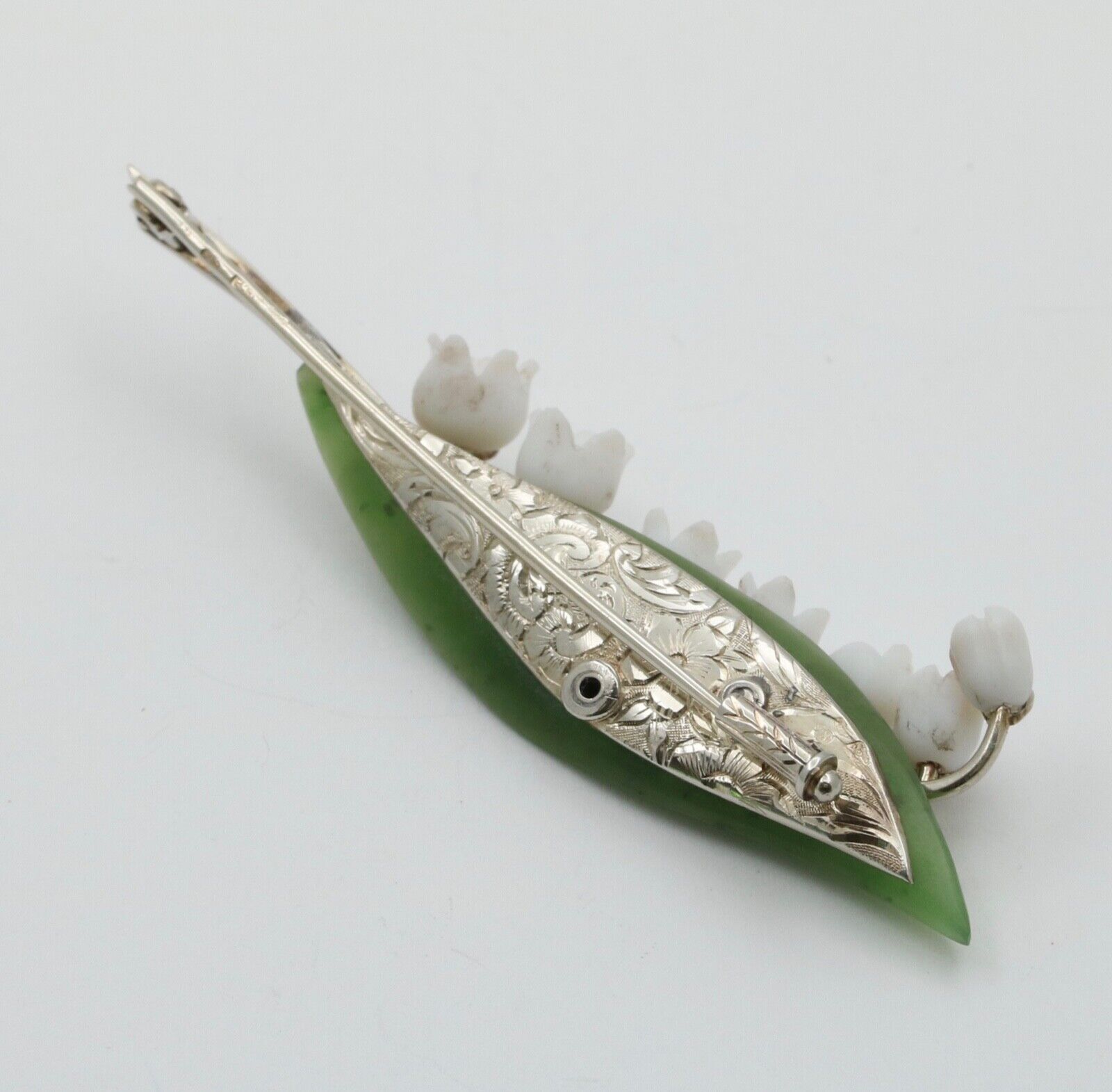 Art Deco Lily of the Valley Jade Rose Cut Diamonds 14K White Gold Brooch Pin