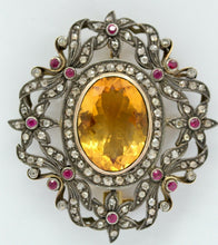 Load image into Gallery viewer, Victorian Revival 18K 14K 925 Citrine Diamonds Rubies Brooch Pendant
