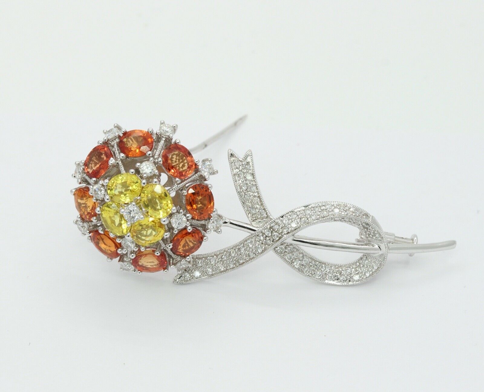 Vintage 18K White Gold Yellow Orange Sapphires Diamonds Brooch Pin