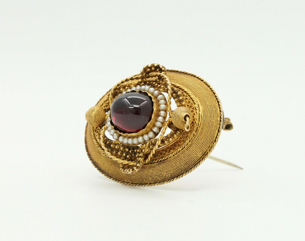 Truly Beautiful and Excellent Cond Victorian 14K Garnet Pearls Brooch Pendant