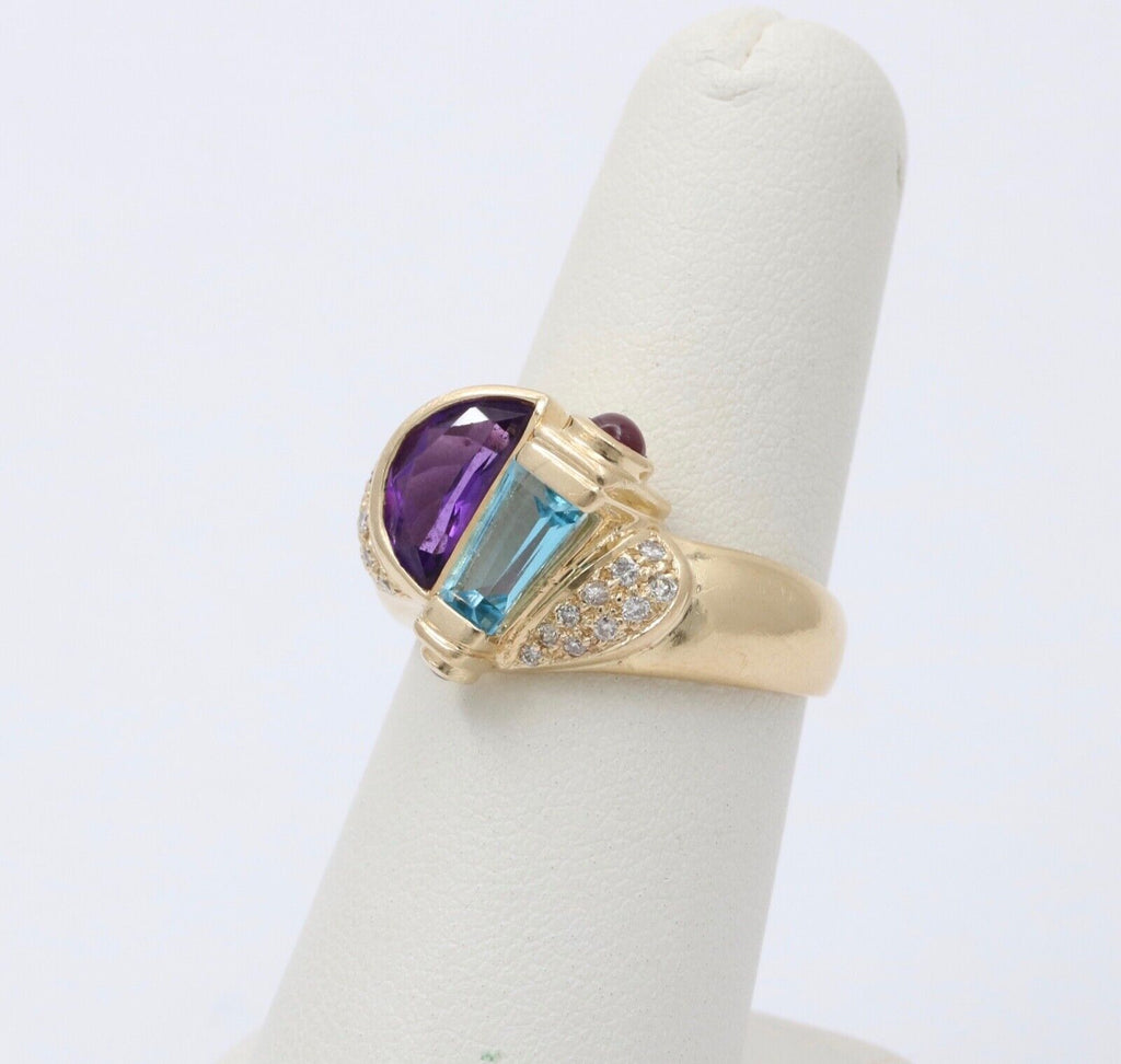 Vintage Geometric Amethyst Blue Topaz Tourmalines Diamonds 14K Yellow Gold Ring