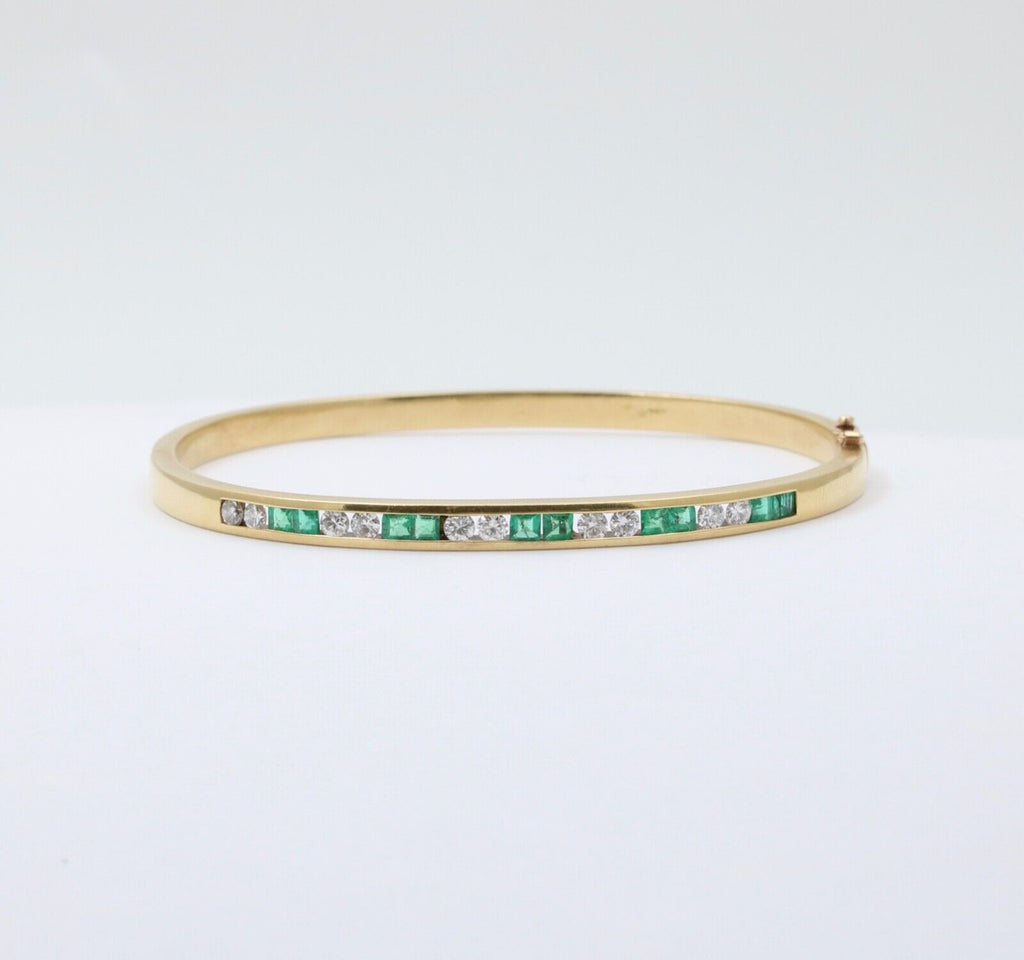 Vintage Emerald Diamond 18K Yellow Gold Bangle Bracelet
