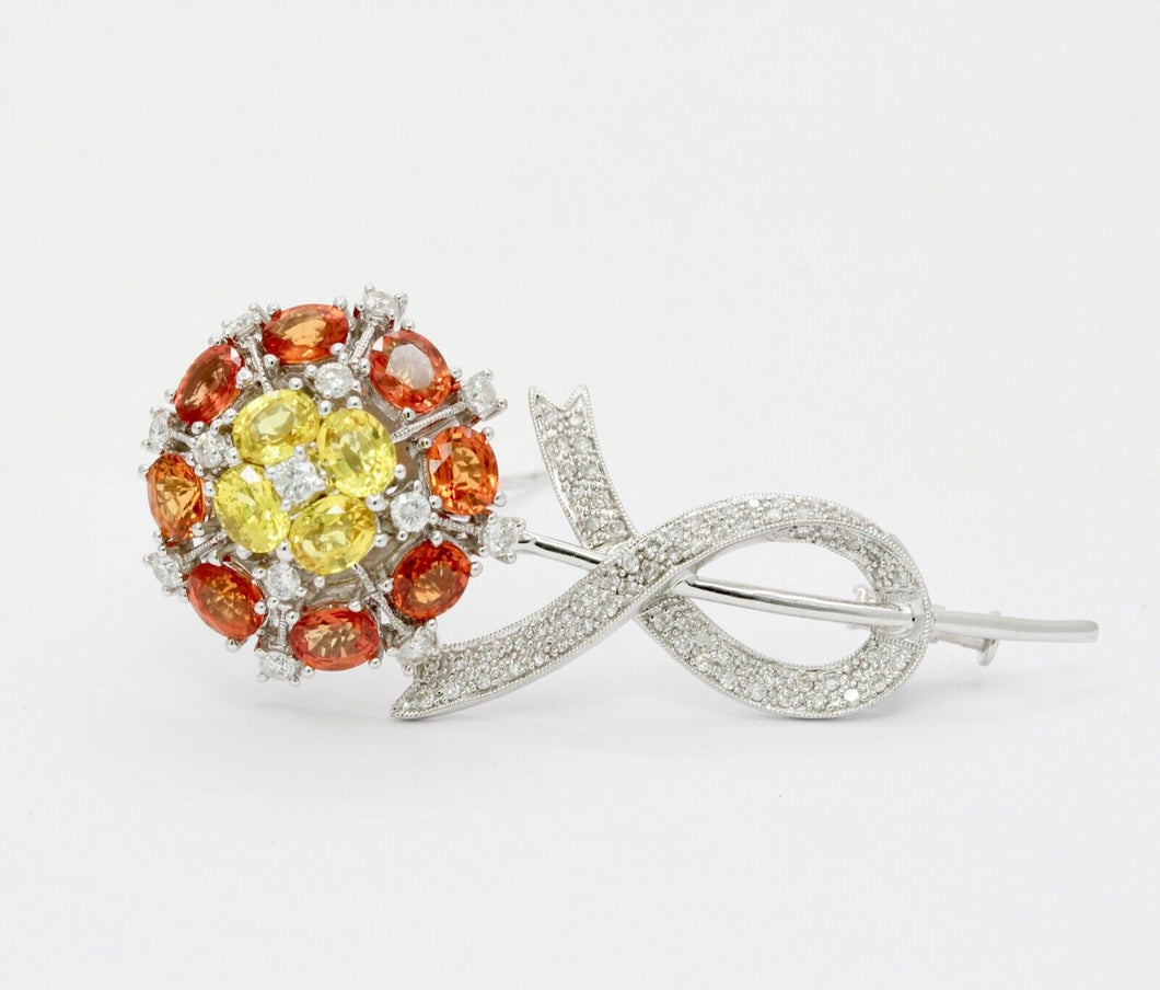 Vintage 18K White Gold Yellow Orange Sapphires Diamonds Brooch Pin