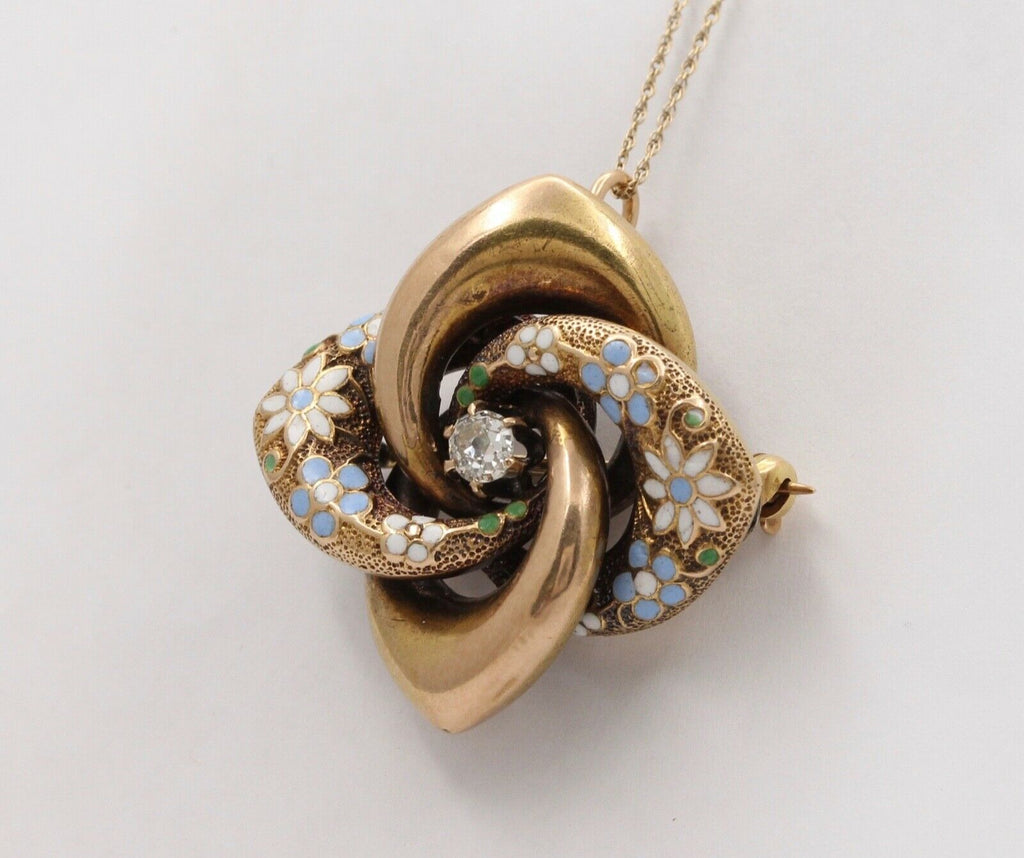 Victorian Etruscan Revival 14K YG Enamel Flowers Old Euro Diamond Brooch Pendant