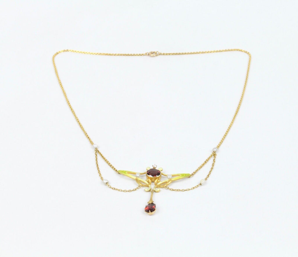 Art Nouveau 14K Yellow Gold Garnet & Pearl Enamel Festoon Necklace.