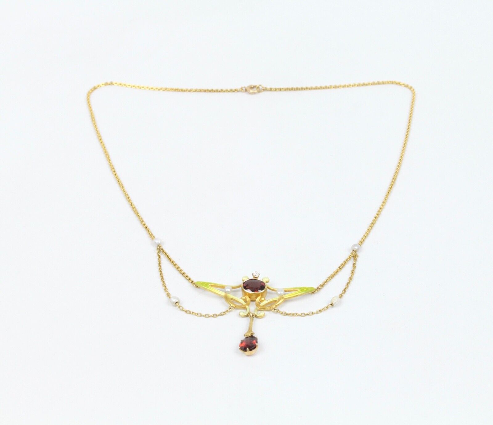 Art Nouveau 14K Yellow Gold Garnet & Pearl Enamel Festoon Necklace.