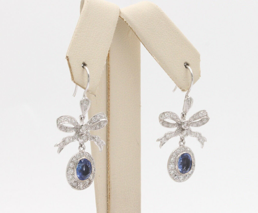 Elegant Blue Sapphires Diamonds 18K White Gold Earrings