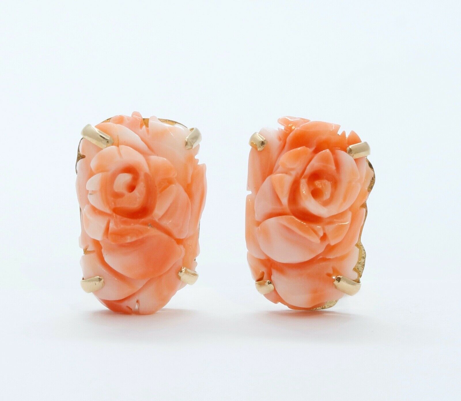 Carved Coral Flower 14K Yellow Gold Earrings