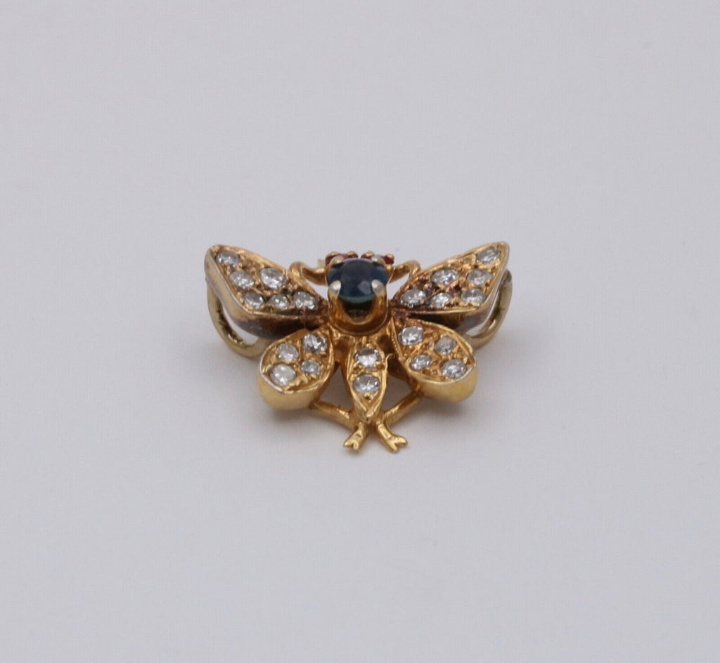 Vintage Butterfly Sapphire Ruby Diamond 14K Yellow Gold Brooch Pin