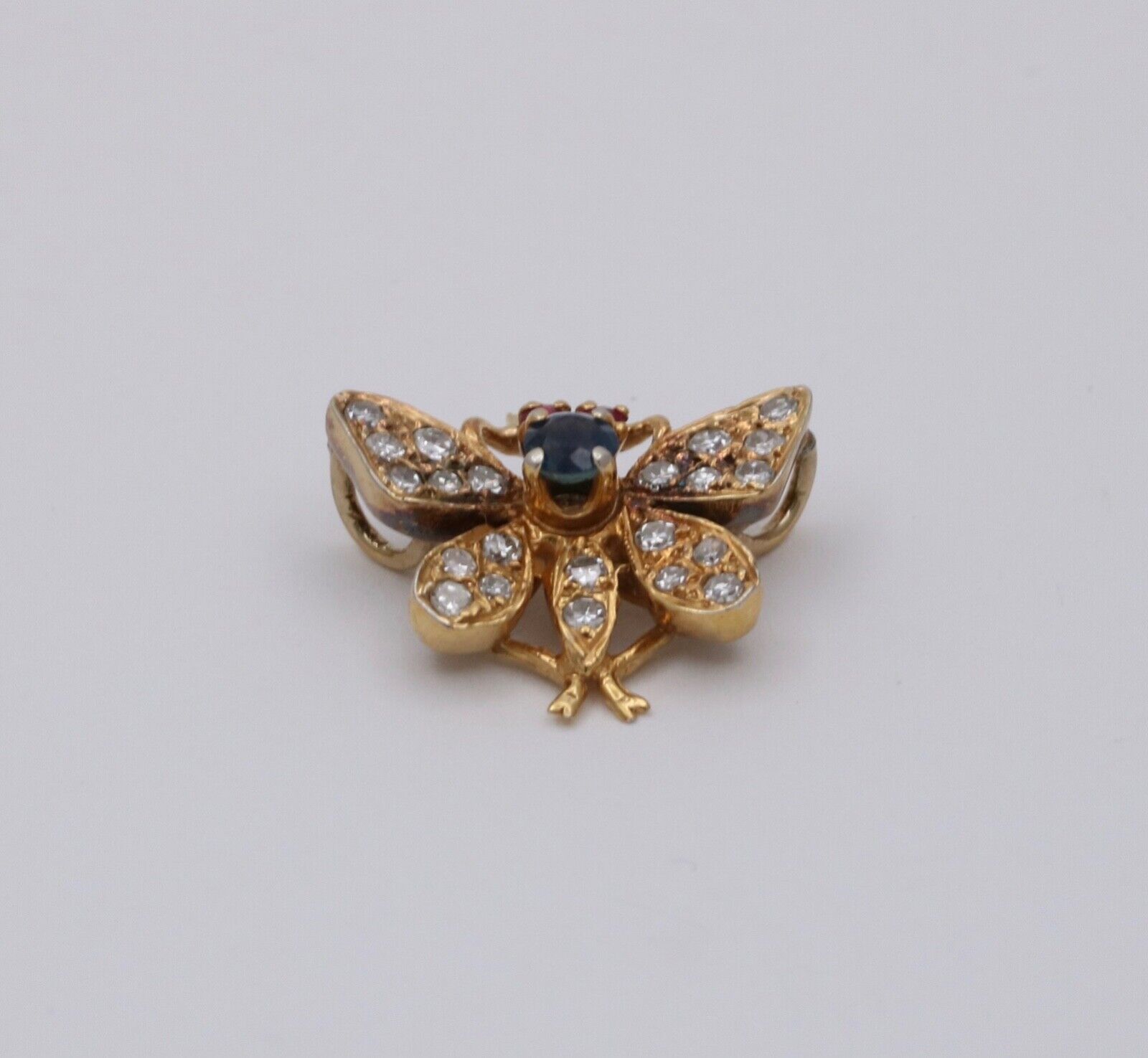 Vintage Butterfly Sapphire Ruby Diamond 14K Yellow Gold Brooch Pin