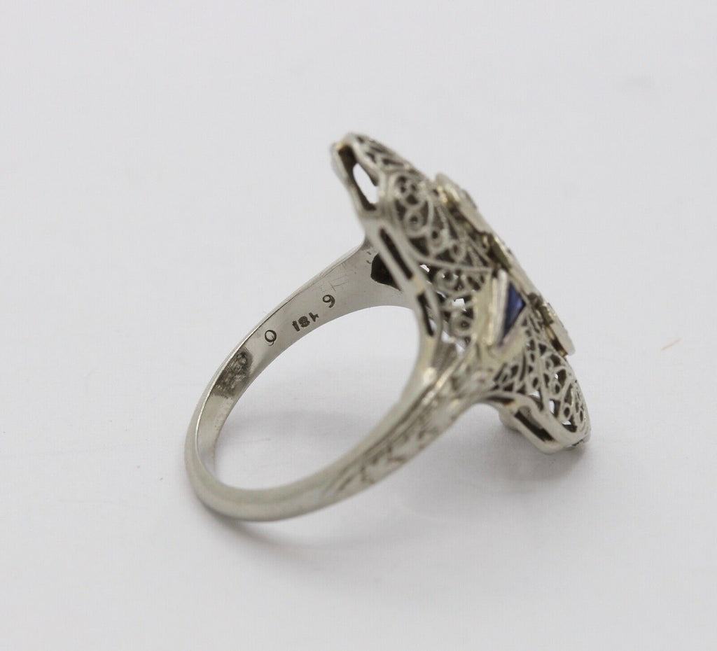 Art Deco 18K White Gold Diamonds Sapphires Ring