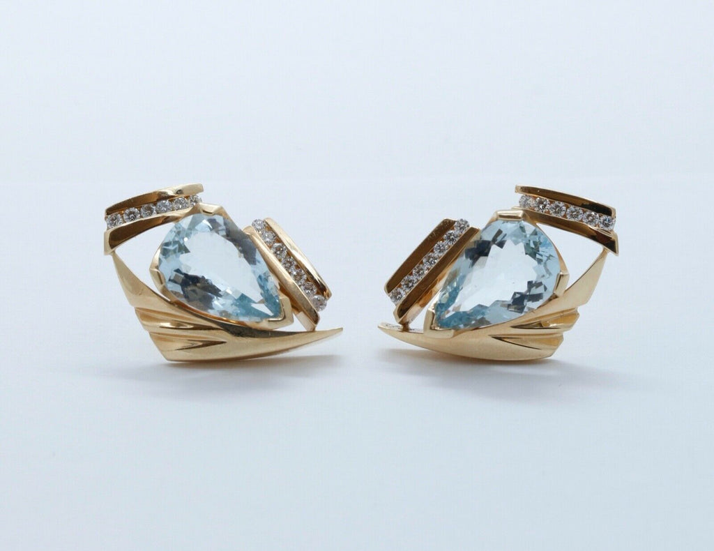 Luxury Earrings!!!! Large Pear Aquamarines Diamonds 14K Yellow Gold Earrings