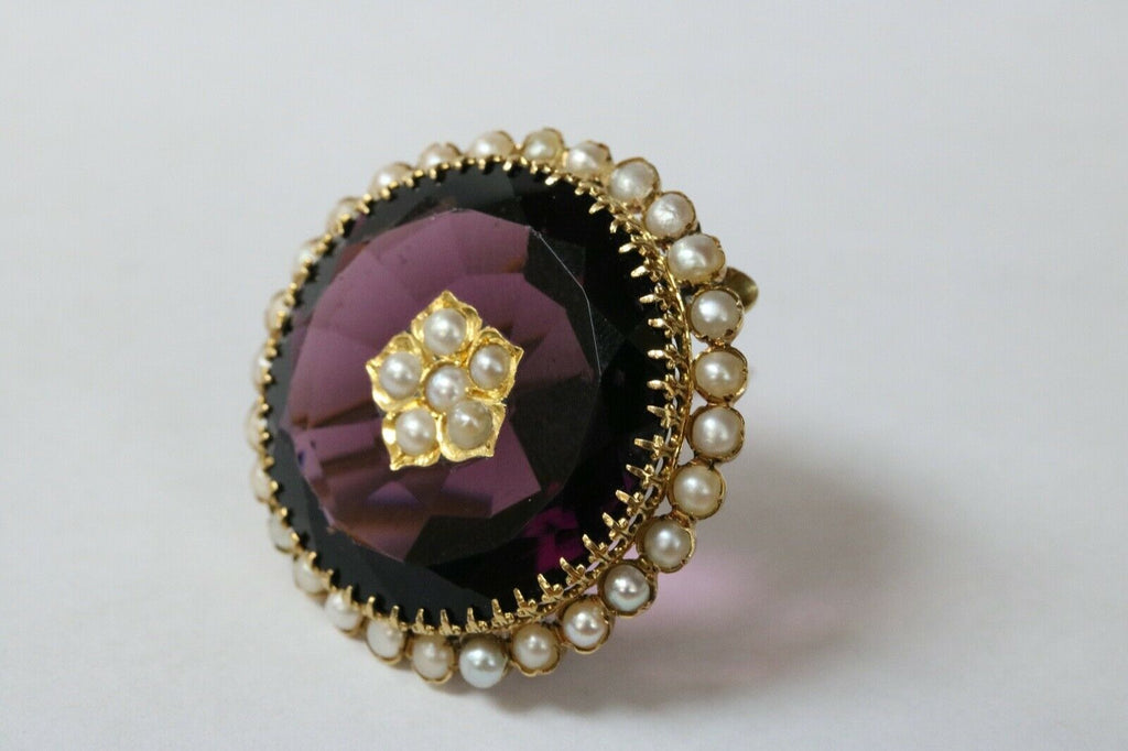 Victorian 18K Yellow Gold Amethyst Seed Pearls Brooch Earrings Set