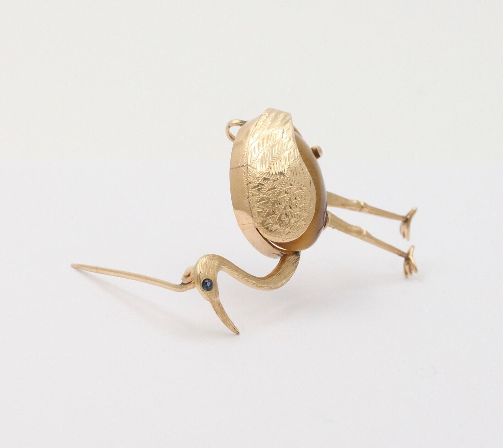 Vintage 14K Yellow Gold Tiger Eye Crane Bird Brooch, Estate Pin.