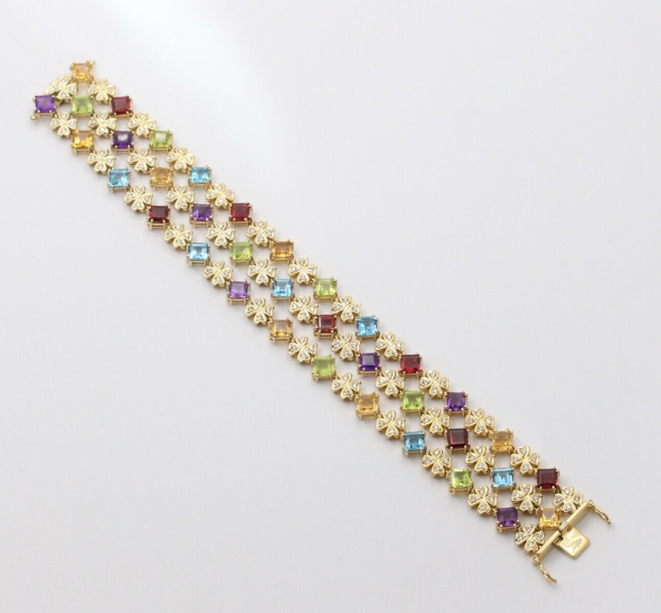 Estate Colorful 14K Yellow Gold Multi Color GemStones Three Layer Bracelet