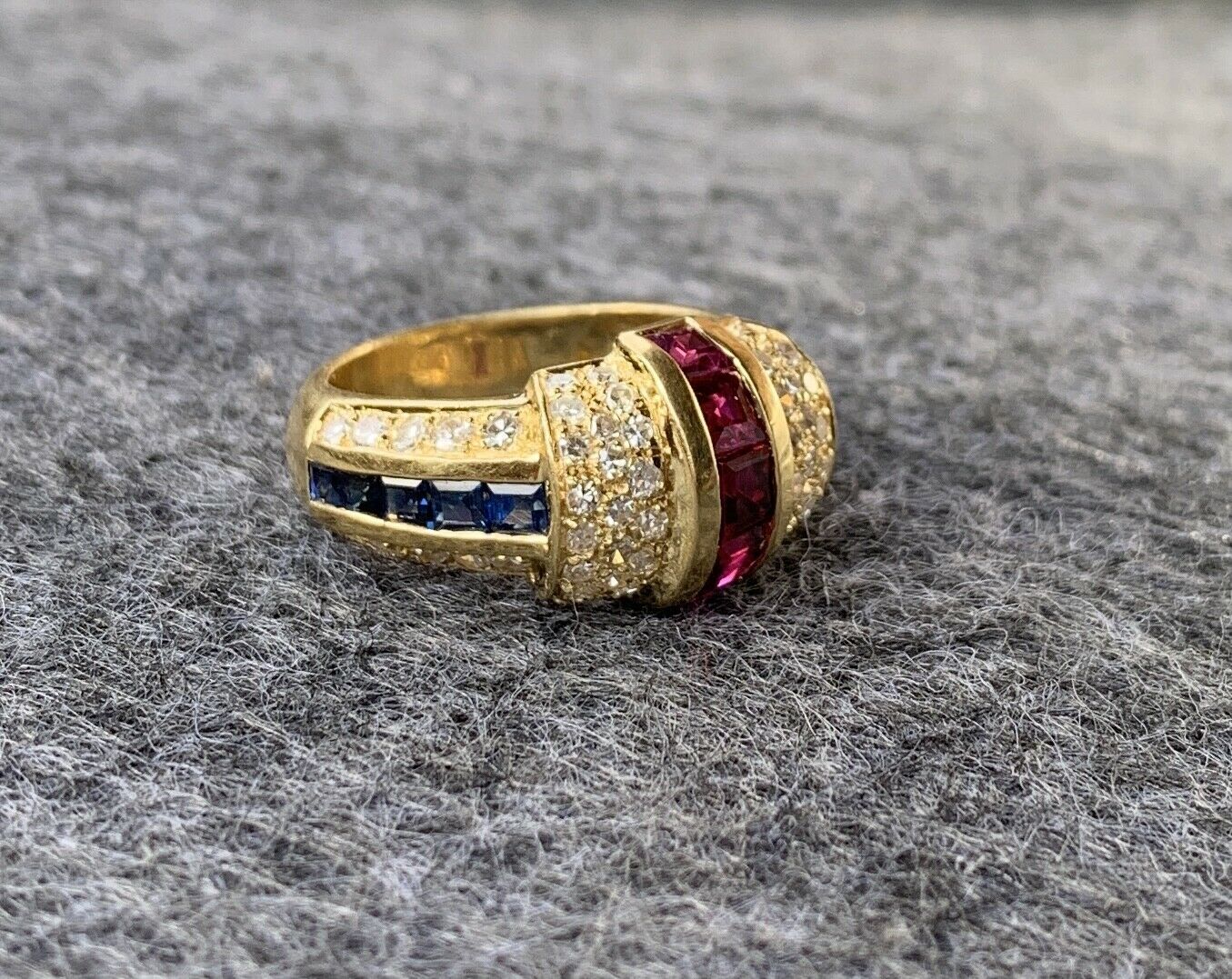 Vintage 1980’s Pave Diamond,Ruby and Sapphire Tri-Color Ring