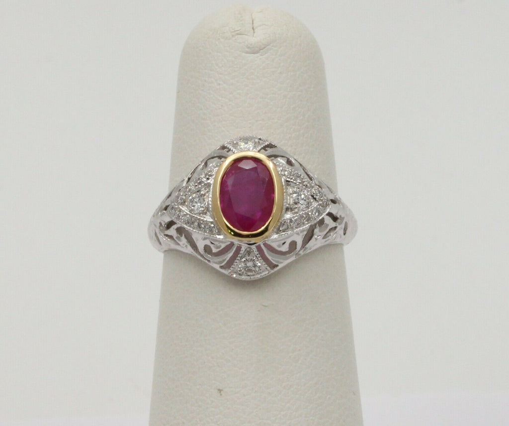 Vintage Burma Ruby Filigree Diamond 18K Gold Ring , Engagement Ring.