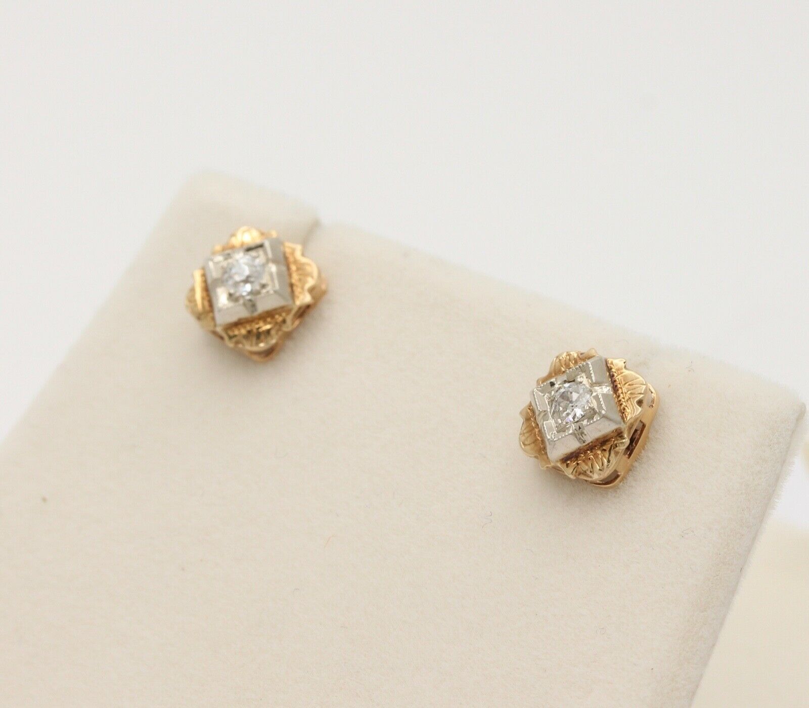 Antique Victorian 14K Yellow & White Gold Old Mine Cut Diamonds Studs Earrings