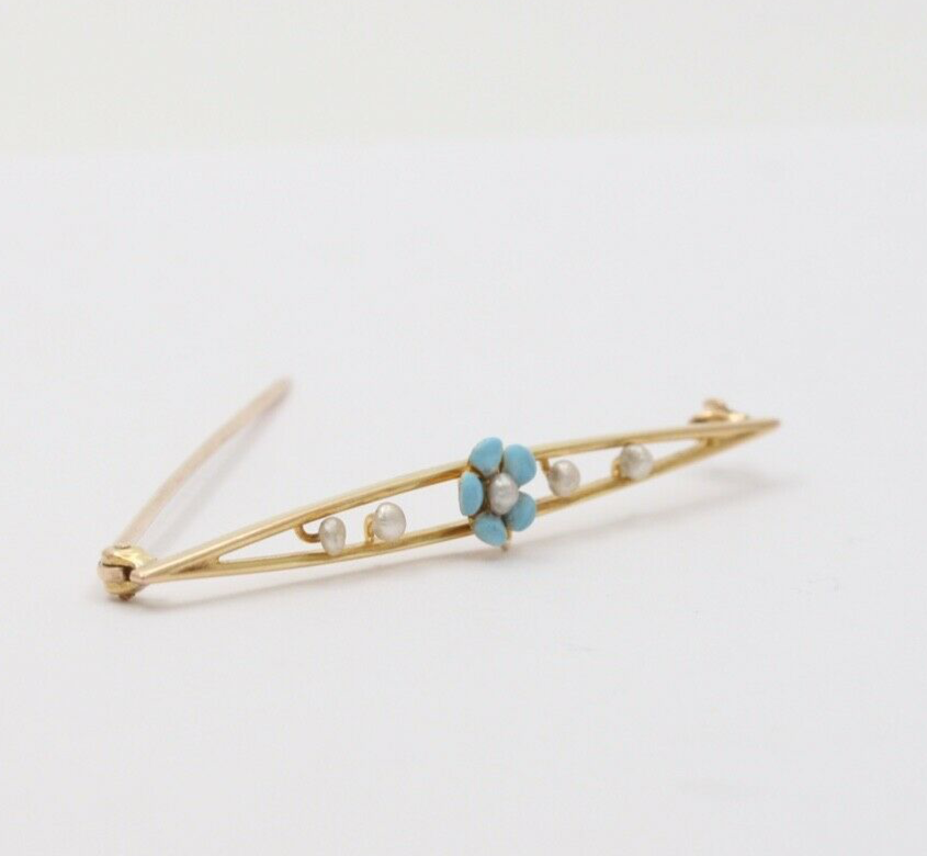 Antique Art Nouveau 10k Yellow Gold Forget Me Not Pearl Enamel Bar Pin